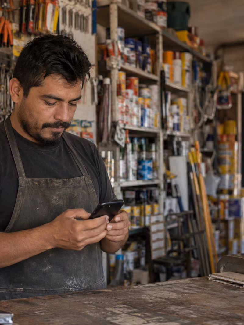 Dueño de una ferretería revisando el celular en el mostrador