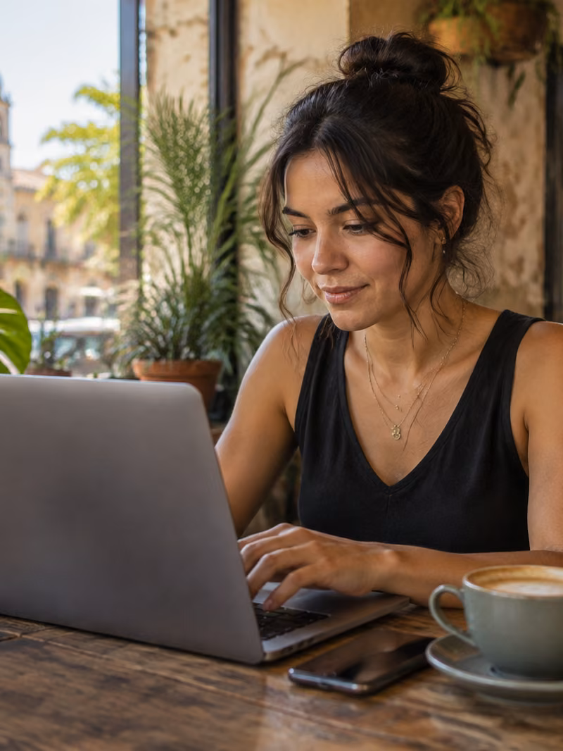 Diseñadora freelance trabajando en una cafetería con su laptop